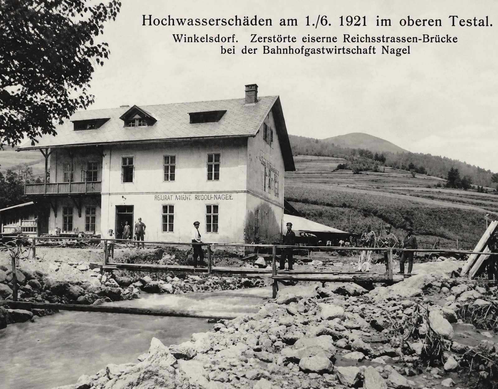 Povodeň 1. 6. 1921 — zničený most u hostince Nagel, Winkelsdorf