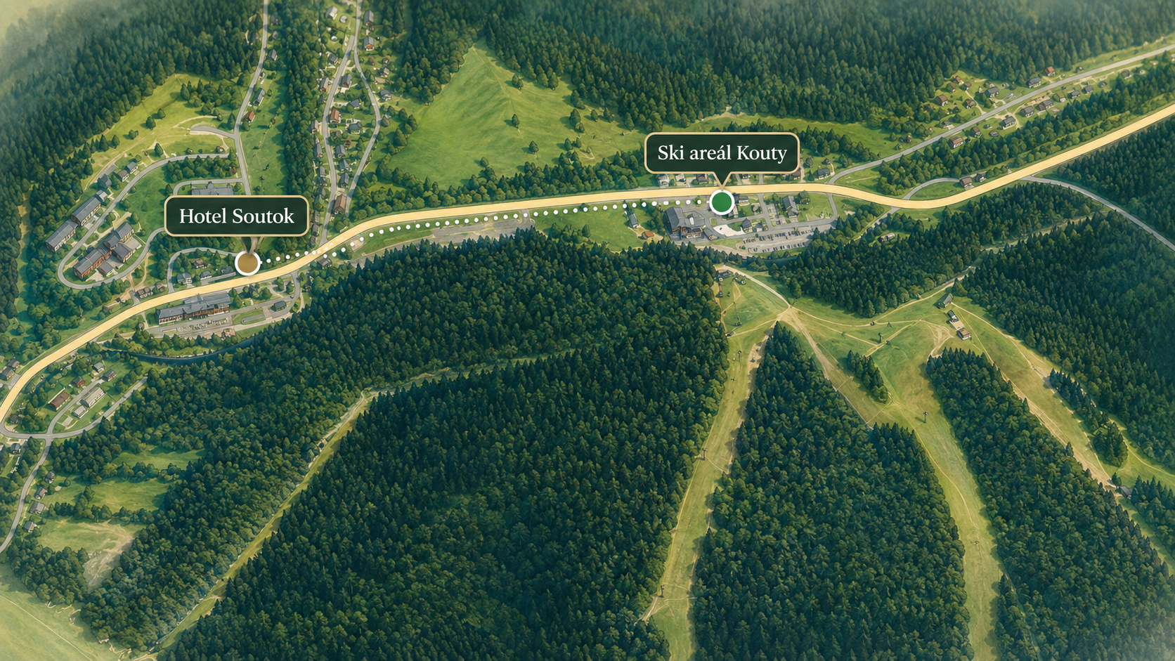 Letecký pohled na lokalitu — Hotel Soutok a Ski areál Kouty nad Desnou